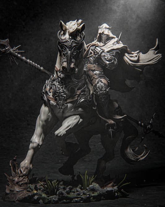 Dareios Dark Knight on Horse Statue STL – Mounted Fantasy Cavalry 3D Print Model (1/6 & 1/9 Scale)