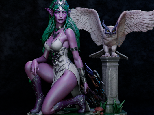 Tyrande – Night Elf Huntress & Moon Owl Companion 3D STL Statue | 1/6 Split, 1/6 Pre-Supported, 1/9 Split & 1/9 Uncut