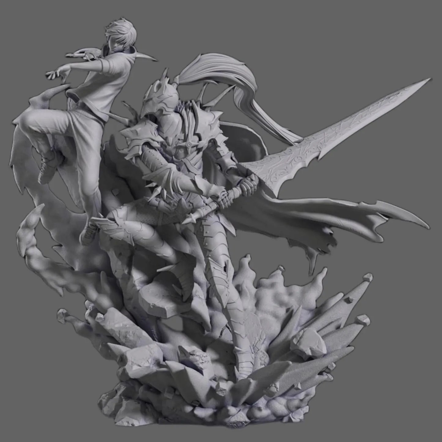 Sung Jin-Woo vs Blood Knight – Solo Leveling – Diorama STL 3D Print Files Pre-Supported + Bust