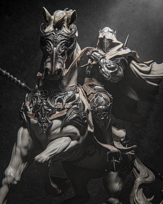 Dareios Dark Knight on Horse Statue STL – Mounted Fantasy Cavalry 3D Print Model (1/6 & 1/9 Scale)