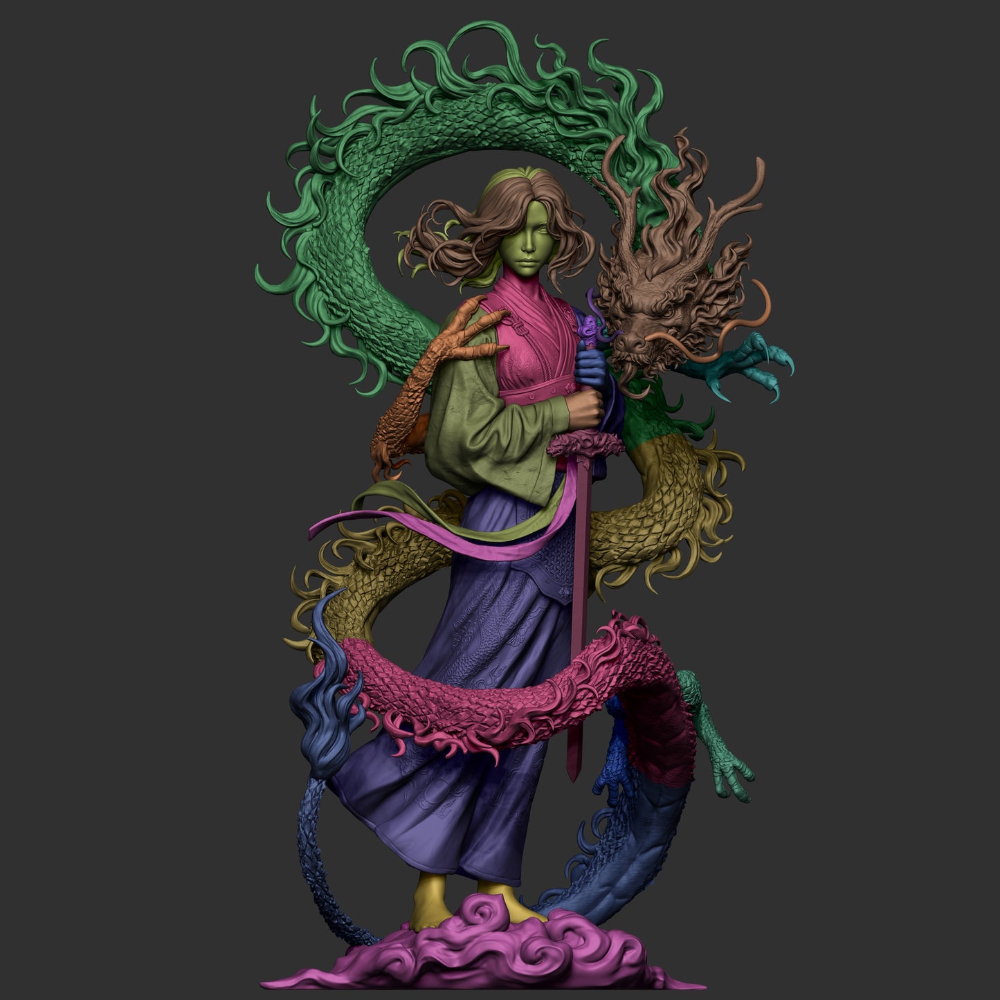 Mulan 3D STL Printable Figure – Epic Fantasy Fan Art STL with Dragon for Resin Printing (1/6 Pre-Supported, 1/6 Cut, 1/9 Cut & Uncut