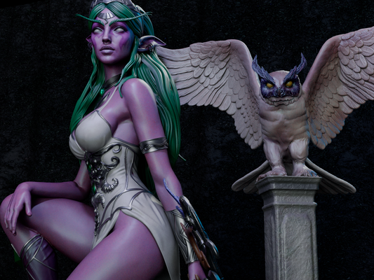 Tyrande – Night Elf Huntress & Moon Owl Companion 3D STL Statue | 1/6 Split, 1/6 Pre-Supported, 1/9 Split & 1/9 Uncut
