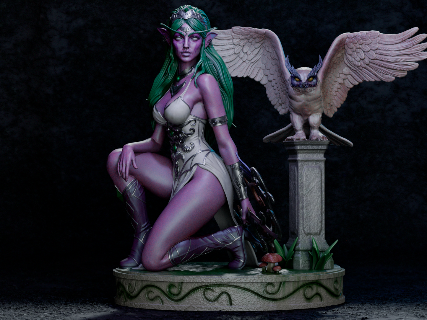 Tyrande – Night Elf Huntress & Moon Owl Companion 3D STL Statue | 1/6 Split, 1/6 Pre-Supported, 1/9 Split & 1/9 Uncut