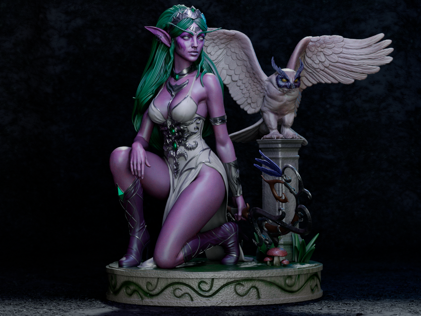 Tyrande – Night Elf Huntress & Moon Owl Companion 3D STL Statue | 1/6 Split, 1/6 Pre-Supported, 1/9 Split & 1/9 Uncut