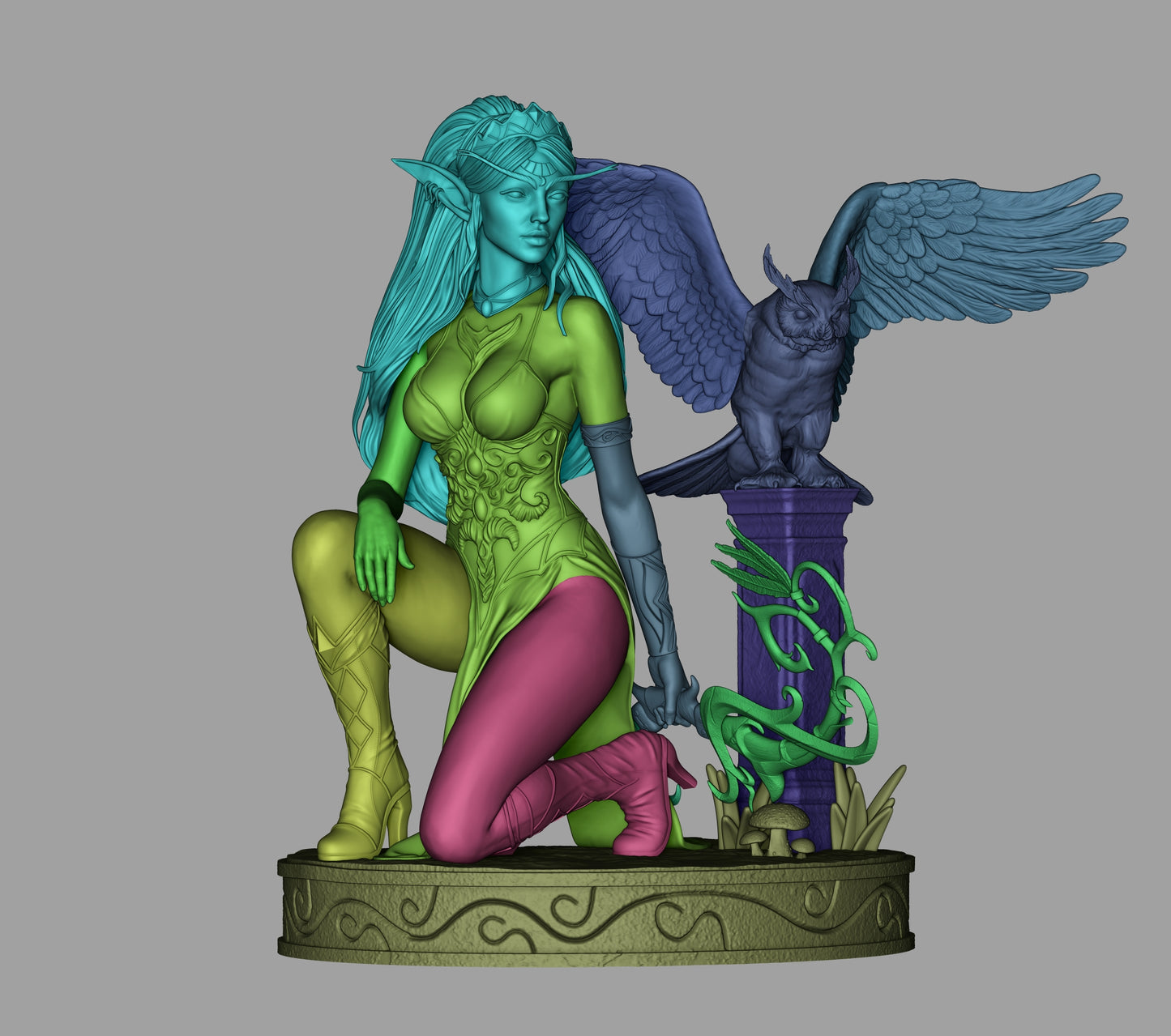 Tyrande – Night Elf Huntress & Moon Owl Companion 3D STL Statue | 1/6 Split, 1/6 Pre-Supported, 1/9 Split & 1/9 Uncut