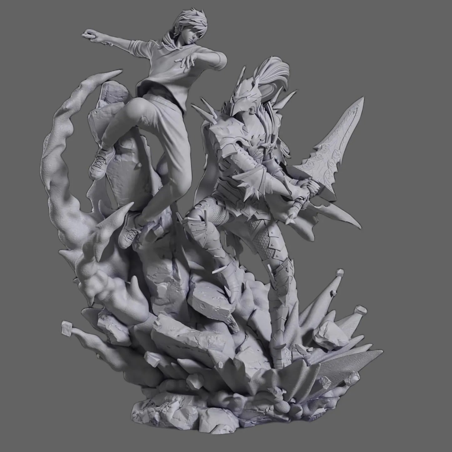 Sung Jin-Woo vs Blood Knight – Solo Leveling – Diorama STL 3D Print Files Pre-Supported + Bust